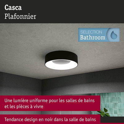 Plafonnier Casca noir offrant une lumière uniforme pour salles de bains et pièces à vivre