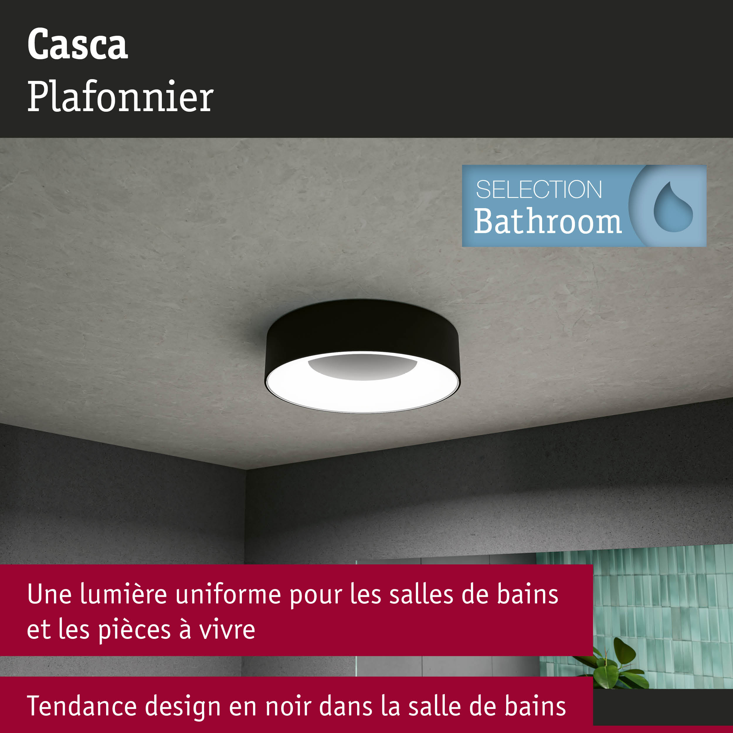Plafonnier Casca noir avec lumière uniforme pour salles de bains et pièces à vivre