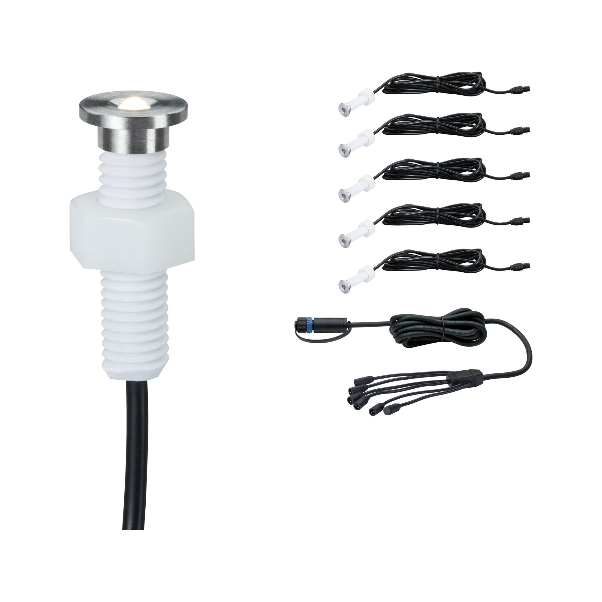Small stainless steel LED recessed light with white plastic thread and cable, including splitter cable