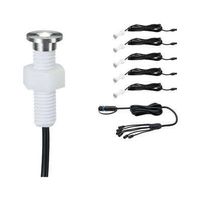 Small stainless steel LED recessed light with white plastic thread and cable, including splitter cable