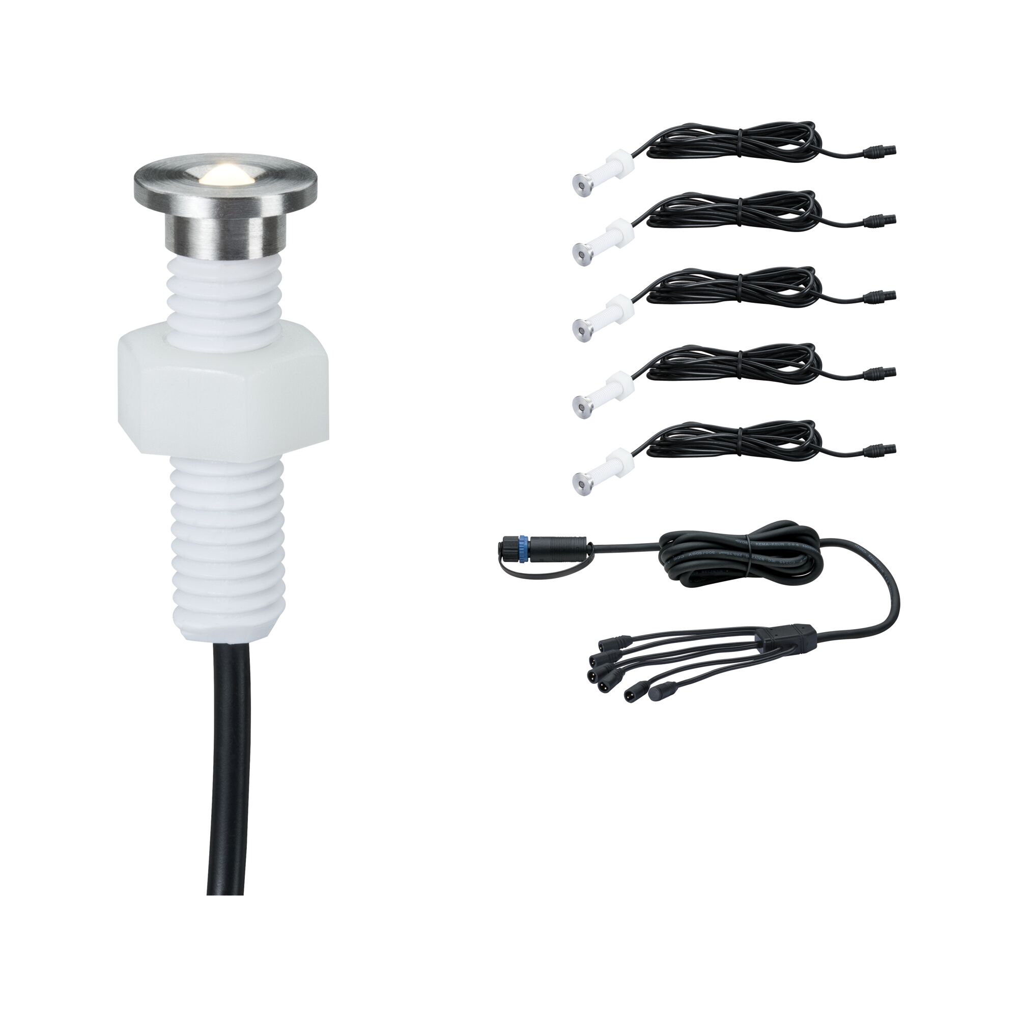 Plug & Shine LED Zapuštěné podlahové svítidlo MicroPen II Prodlužovací sada IP67 3000K 5x0,2W Stříbrná Kleines Edelstahl LED Einbaulicht mit weißem Kunststoffgewinde und Kabel, inklusive Verteilerkabel