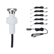 Small stainless steel LED recessed light with white plastic thread and cable, including splitter cable