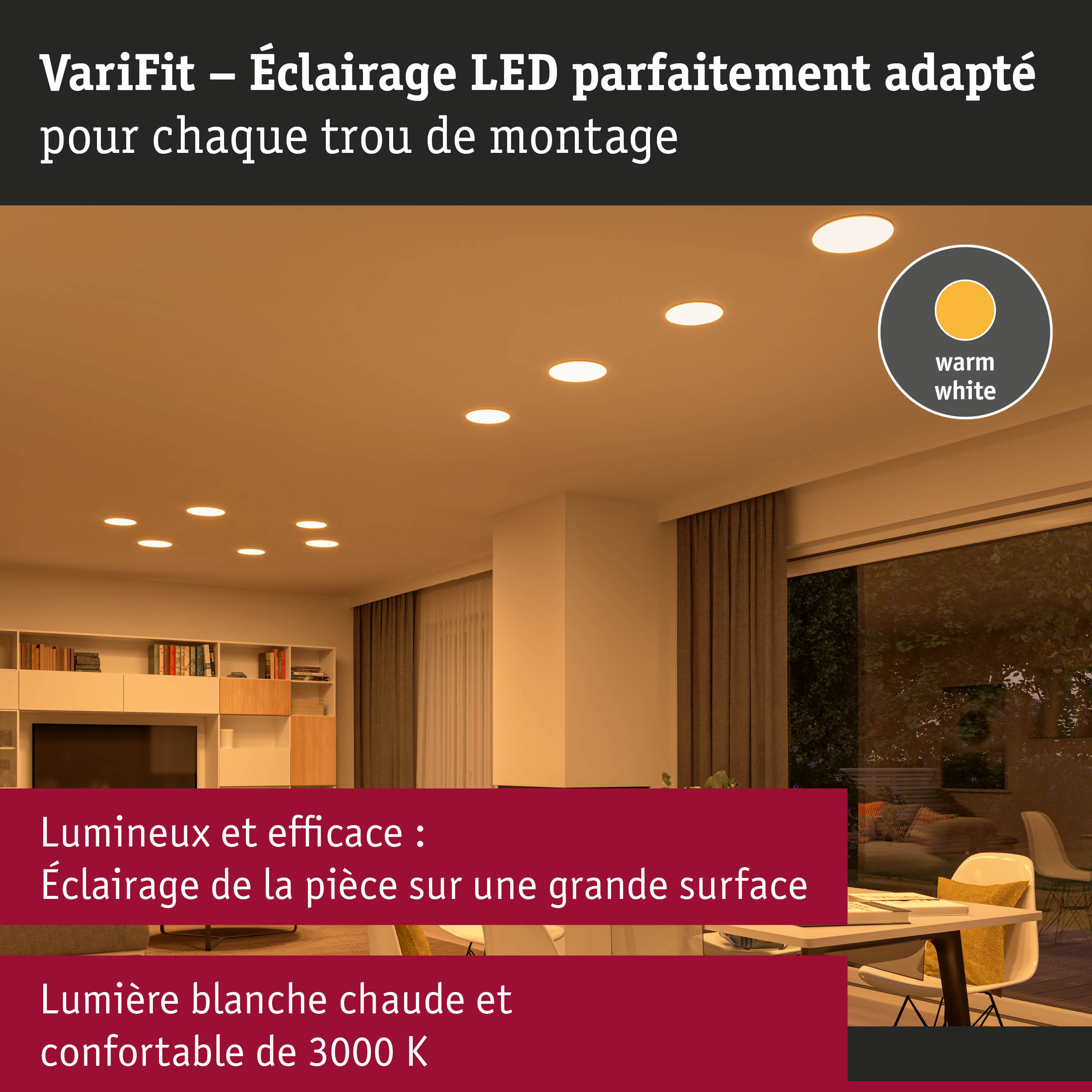 VariFit éclairage LED encastré blanc chaud adapté à chaque trou de montage au plafond