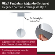 Suspension URail Pendulum Alejandro design argent avec câble réglable en hauteur et diffuseur LED anti-éblouissement