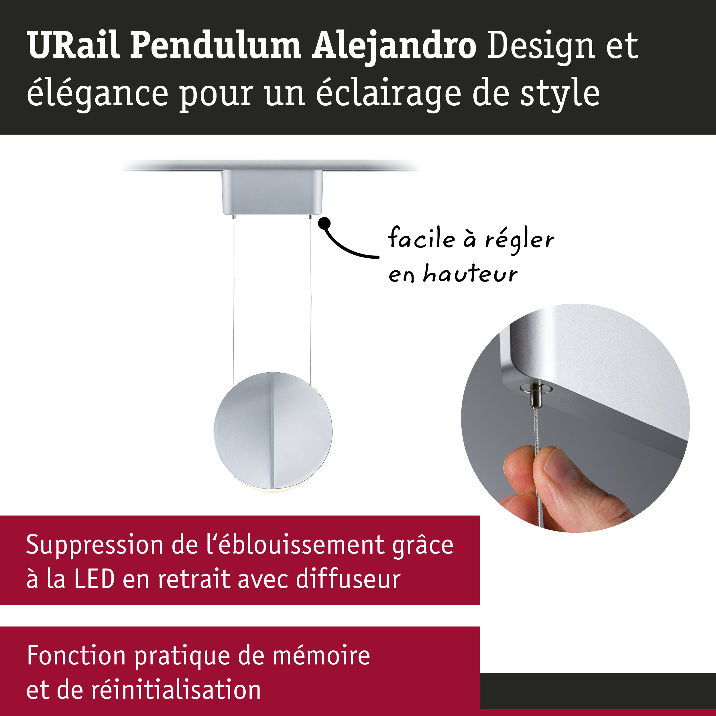 Suspension URail Pendulum Alejandro design argent avec câble réglable en hauteur et diffuseur LED anti-éblouissement