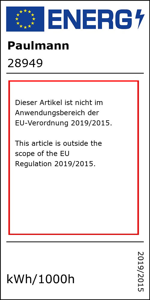 Energieetikett mit Hinweis, dass Artikel nicht unter EU-Verordnung 2019/2015 fällt, Paulmann 28949
