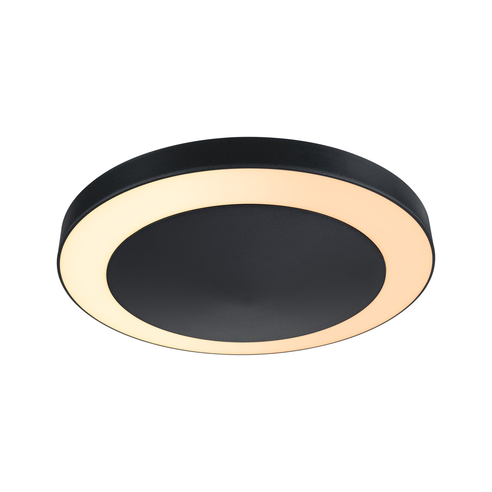 Plafonnier LED rond noir avec lumière blanc chaud pour pièces modernes et éclairage économique.