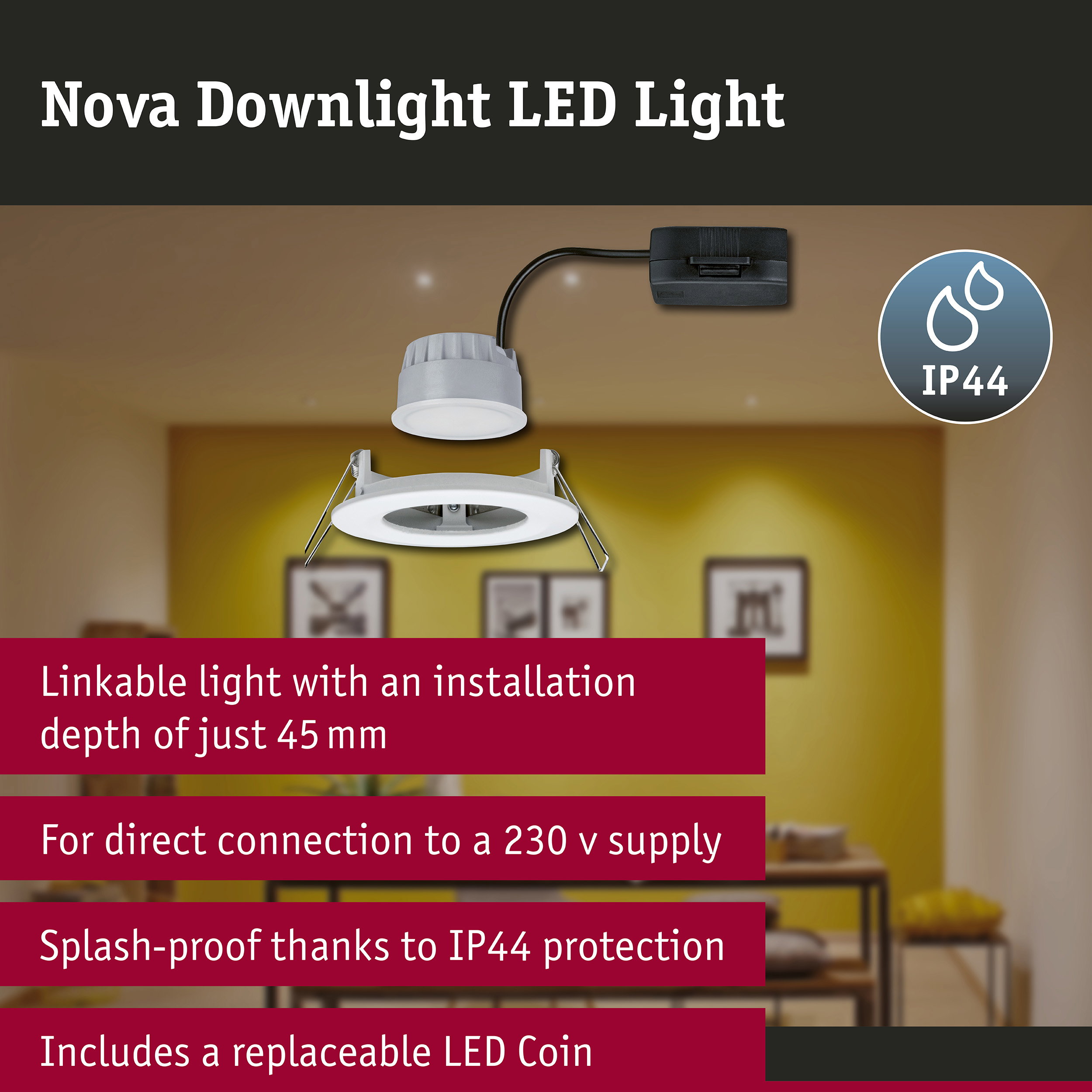 LED Downlight 3-Step-Dim Nova Coin Rigid IP44 round 78mm Coin 6W 470lm 230V dimmable 2700K Matt white