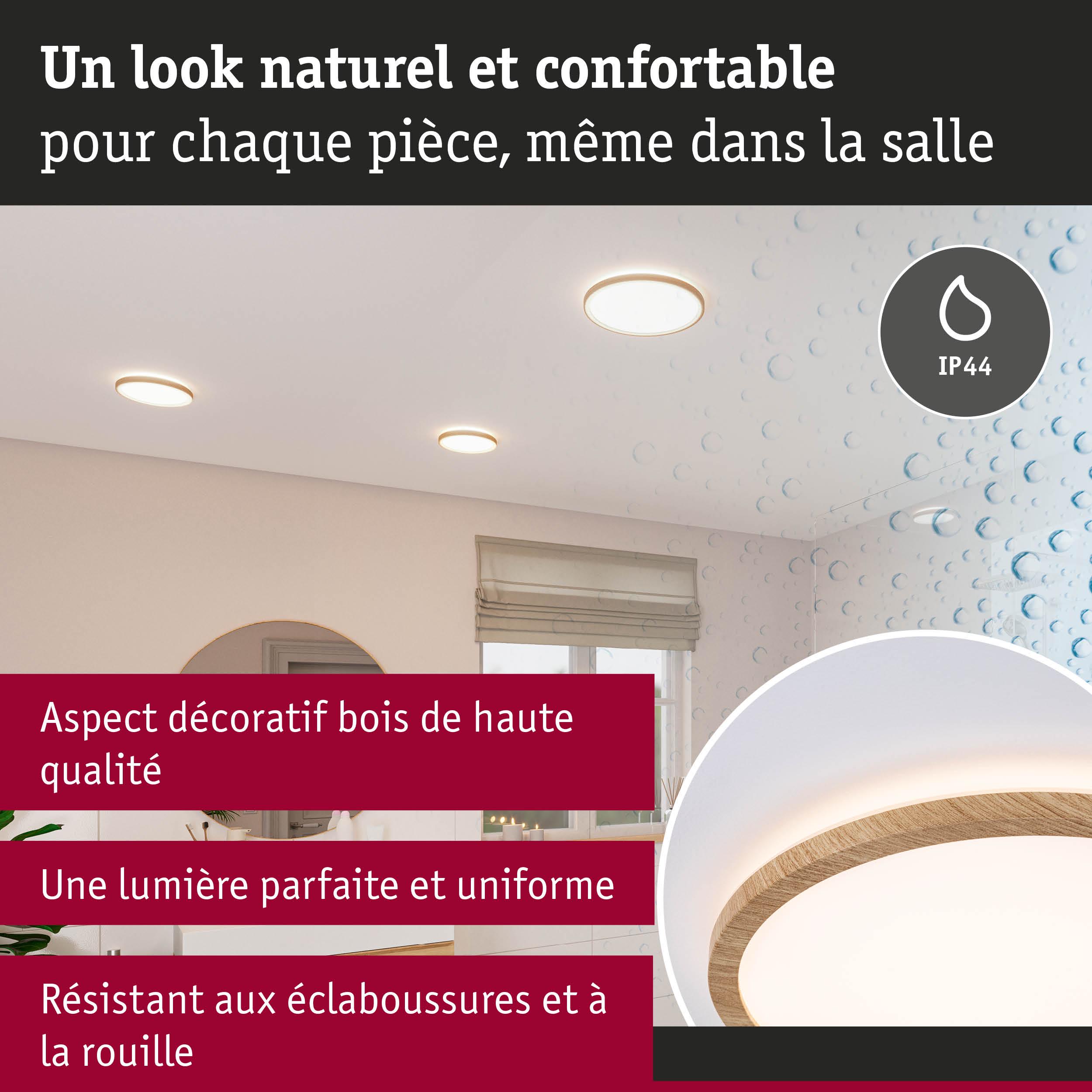 Plafonnier rond aspect bois, lumière blanche chaude, résistant aux éclaboussures IP44, idéal salle de bain