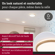 Plafonnier rond aspect bois avec lumière blanc chaud, résistant aux éclaboussures IP44 pour salle de bain