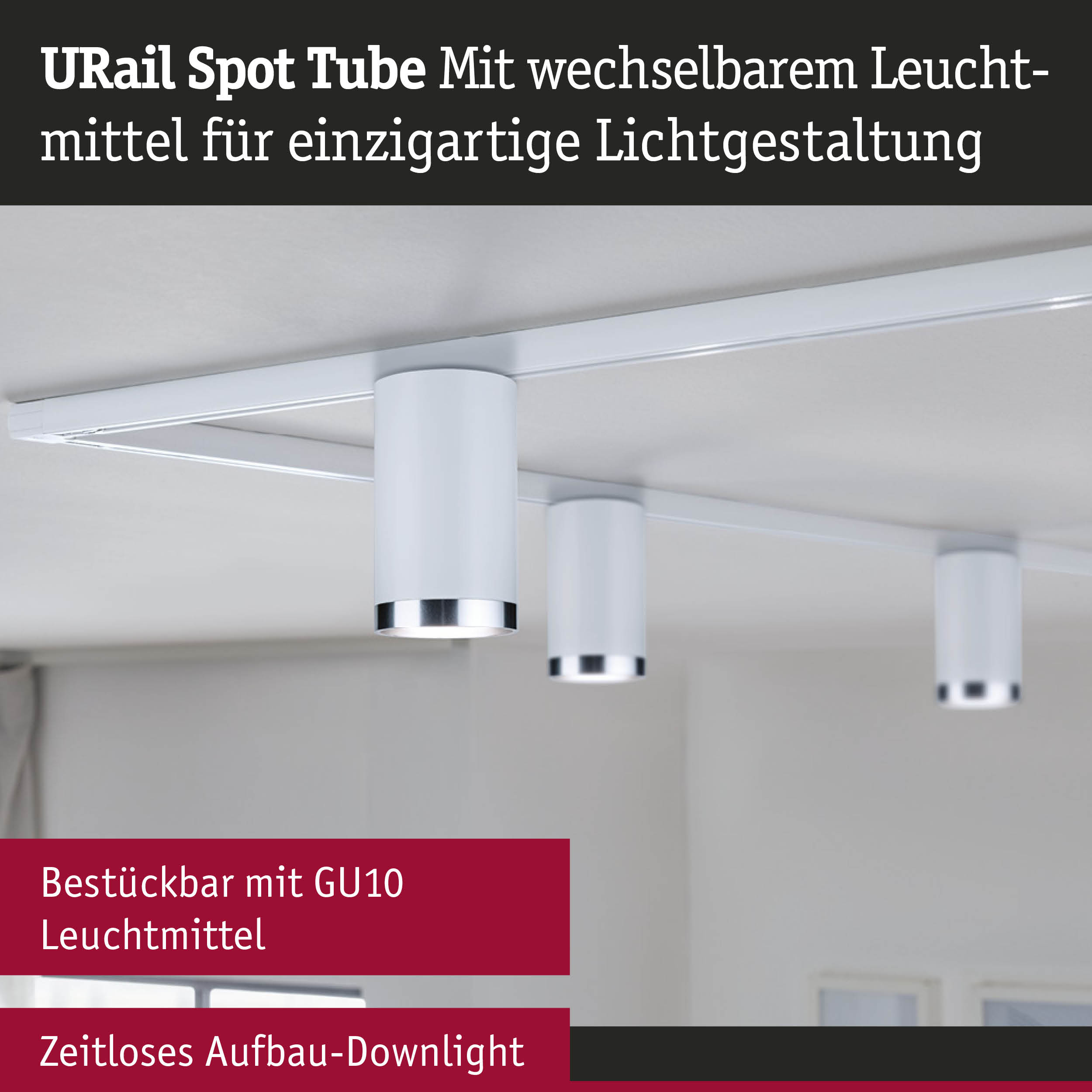 Weißes URail Spot Tube Aufbau-Downlight mit GU10 Leuchtmittel für flexible Lichtgestaltung