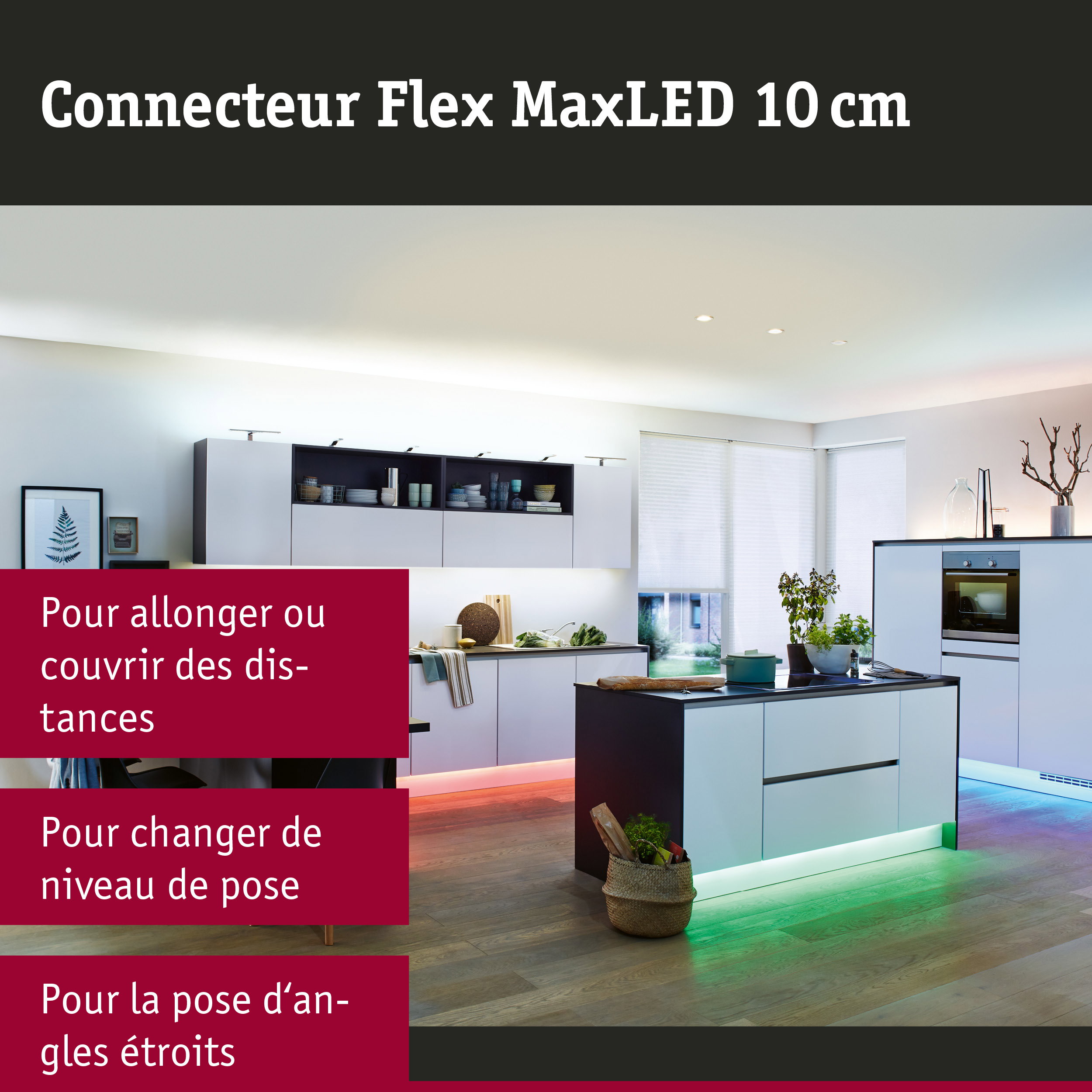 Îlot de cuisine blanc moderne avec éclairage LED vert en dessous et sol en bois dans un espace de vie