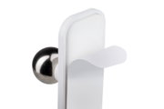 Modern white metal wall hook with curved hook and round chrome-finish mount