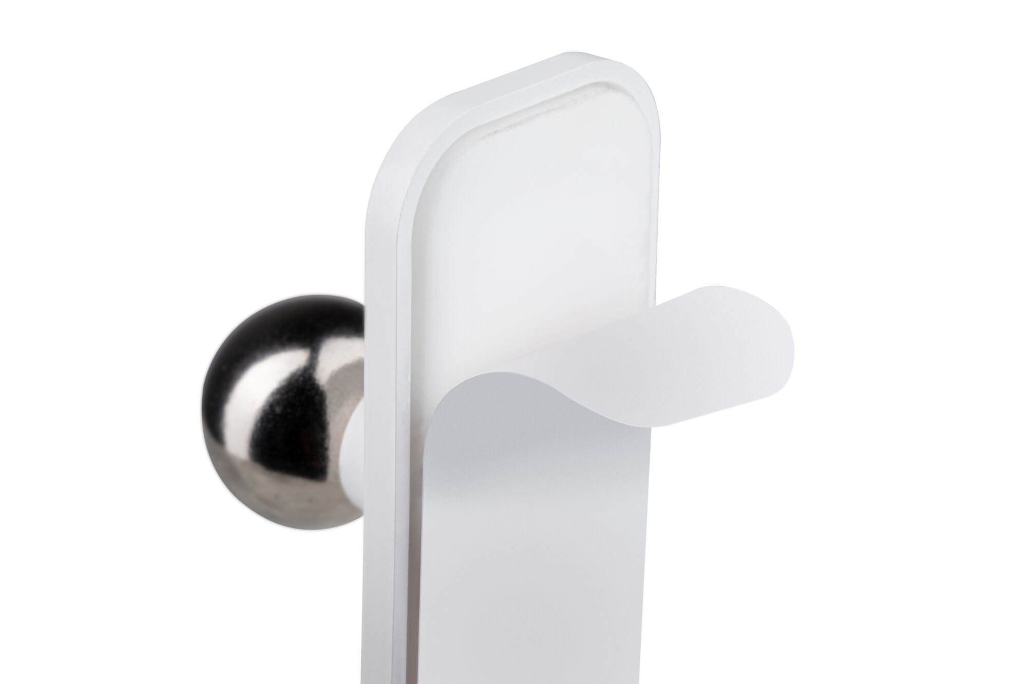 Modern white metal wall hook with curved hook and round chrome-finish mount