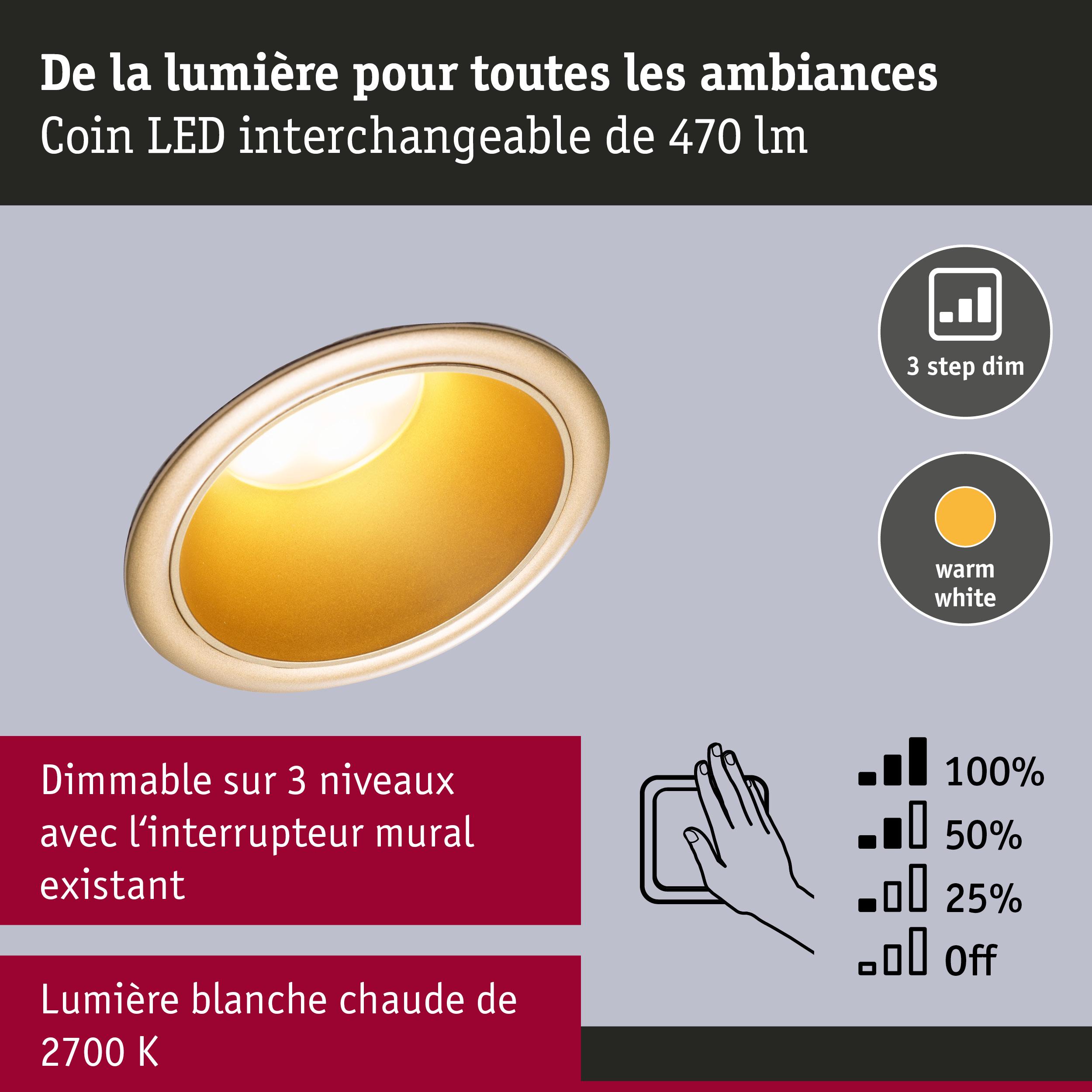 Spot LED encastrable dimmable lumière blanc chaud 2700K avec variation en 3 niveaux au interrupteur mural