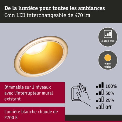 Spot LED encastrable dimmable lumière blanc chaud 2700K avec variation en 3 niveaux au interrupteur mural