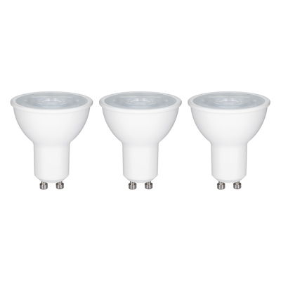 Trois spots LED GU10 blancs avec boîtier en plastique pour un éclairage intérieur économe en énergie