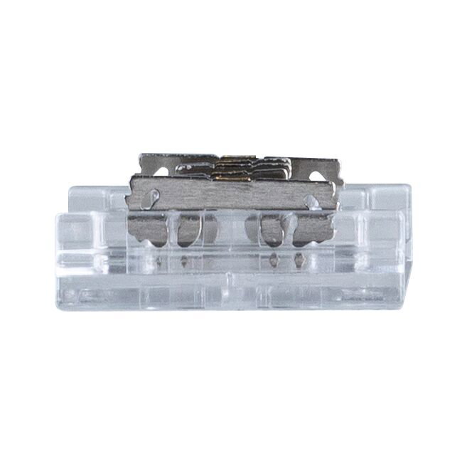 Small transparent plastic and metal component for electrical connections in lighting systems