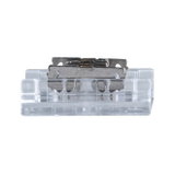 Small transparent plastic and metal component for electrical connections in lighting systems