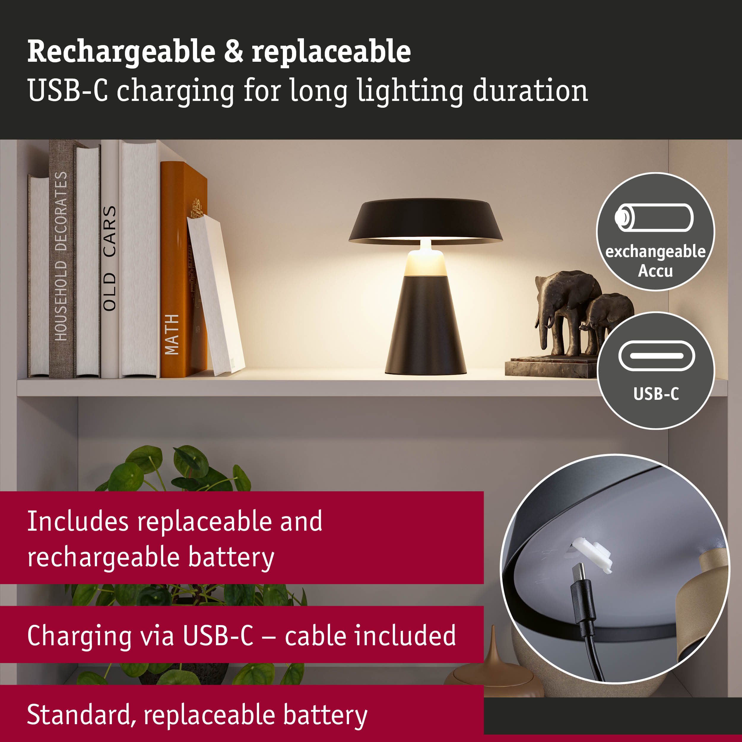 Black table lamp with replaceable battery and USB-C charging cable for extended lighting duration