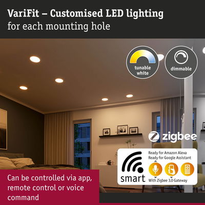 VariFit dimmable LED recessed lights with tunable white for smart home lighting control via app and voice