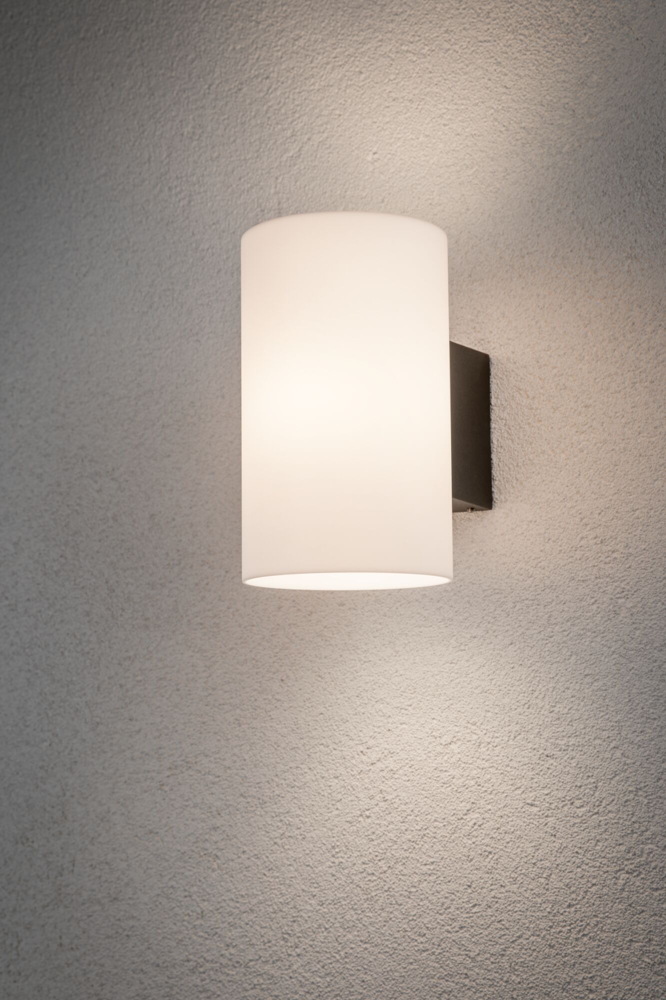 Moderne Wandlampe mit weißem Glaszylinder und schwarzem Metallhalter für Innenbeleuchtung