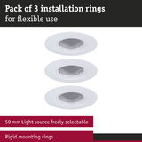 Set of 3 white rigid mounting rings for flexible installation with selectable 50 mm light source.