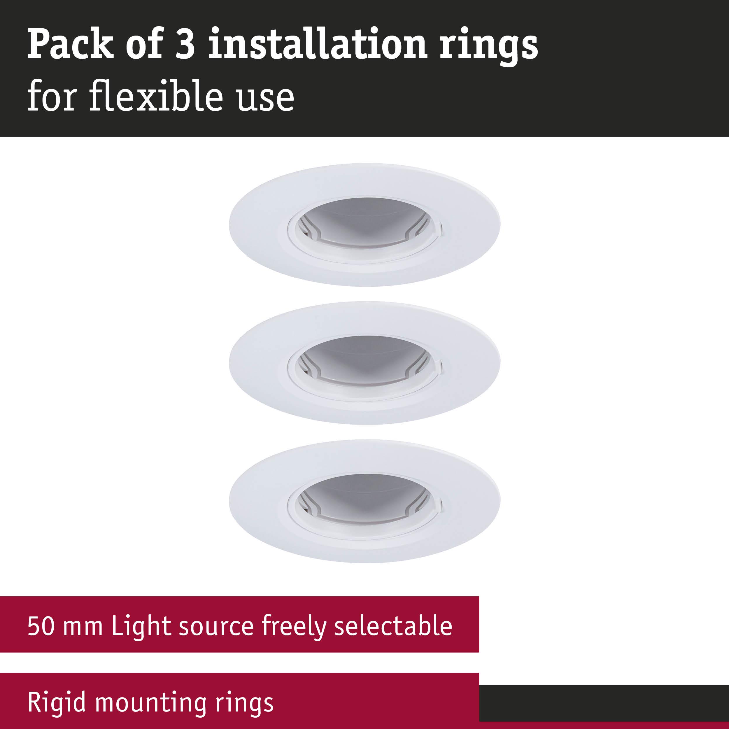 Set of 3 white rigid mounting rings for flexible installation with selectable 50 mm light source.