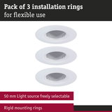 Set of 3 white rigid mounting rings for flexible installation with selectable 50 mm light source.