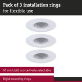 Set of 3 white rigid mounting rings for flexible installation with selectable 50 mm light source.