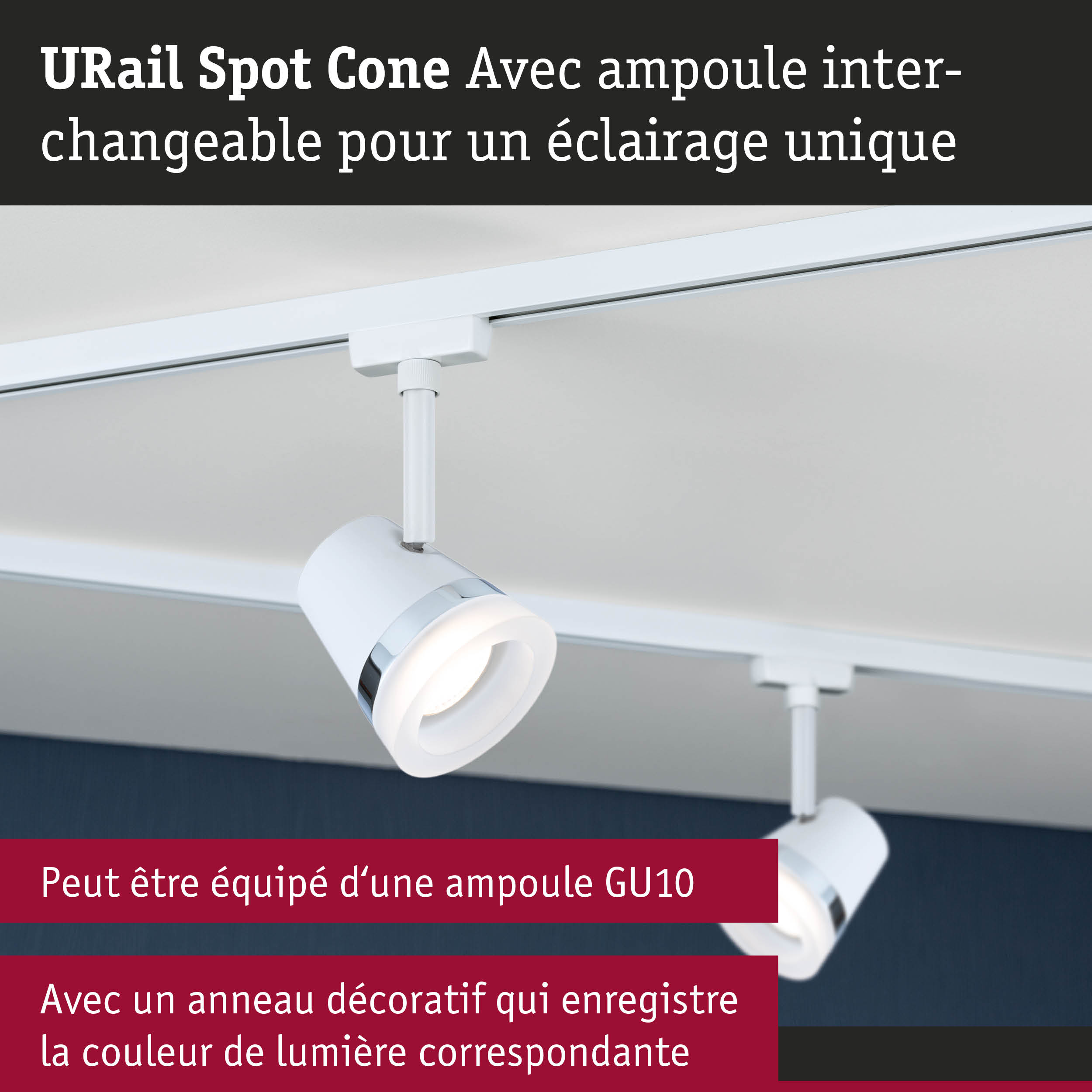 Spot URail Spot Cone blanc en métal avec ampoule GU10 interchangeable pour un éclairage flexible
