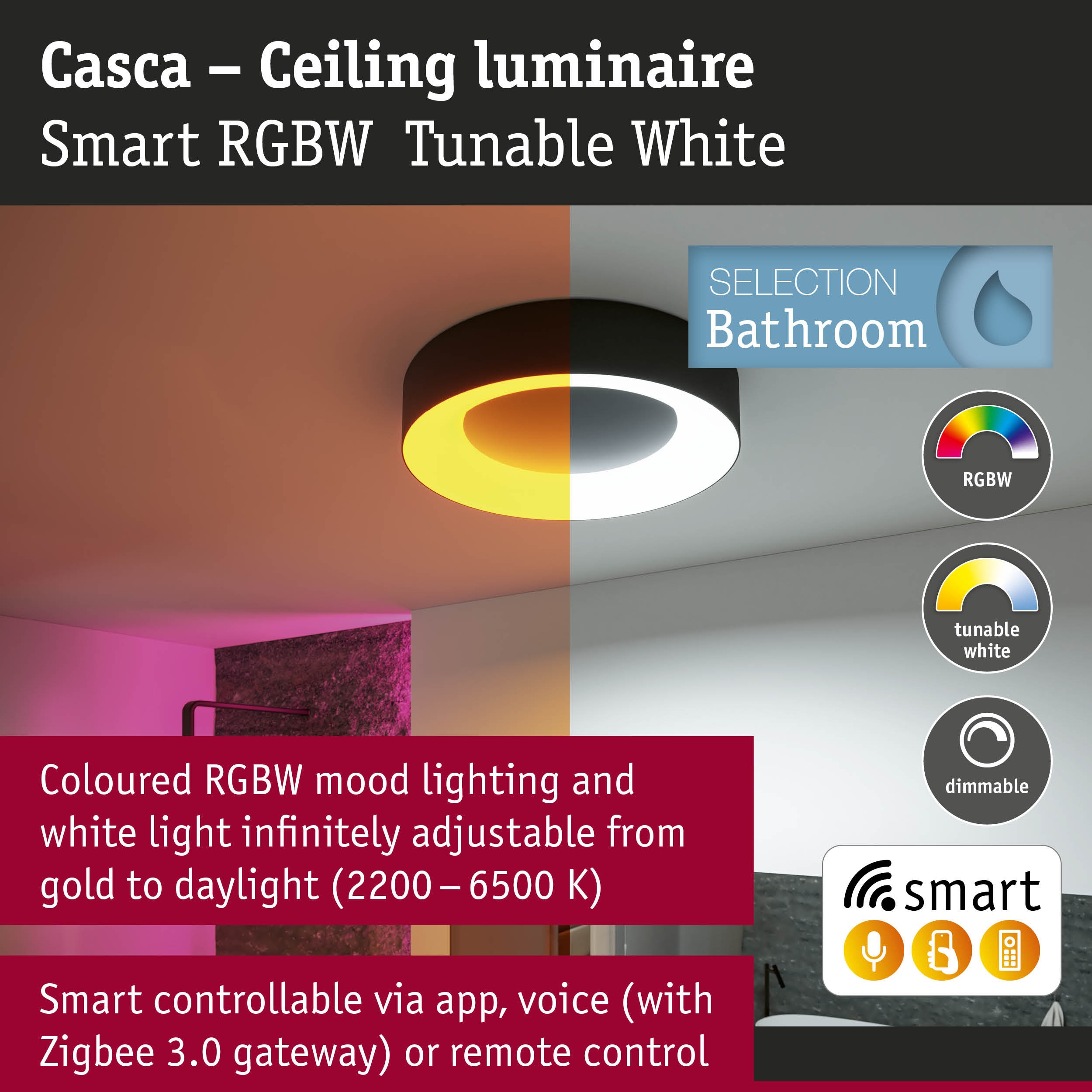 Casca black ceiling luminaire with tunable RGBW light ideal for smart bathroom lighting