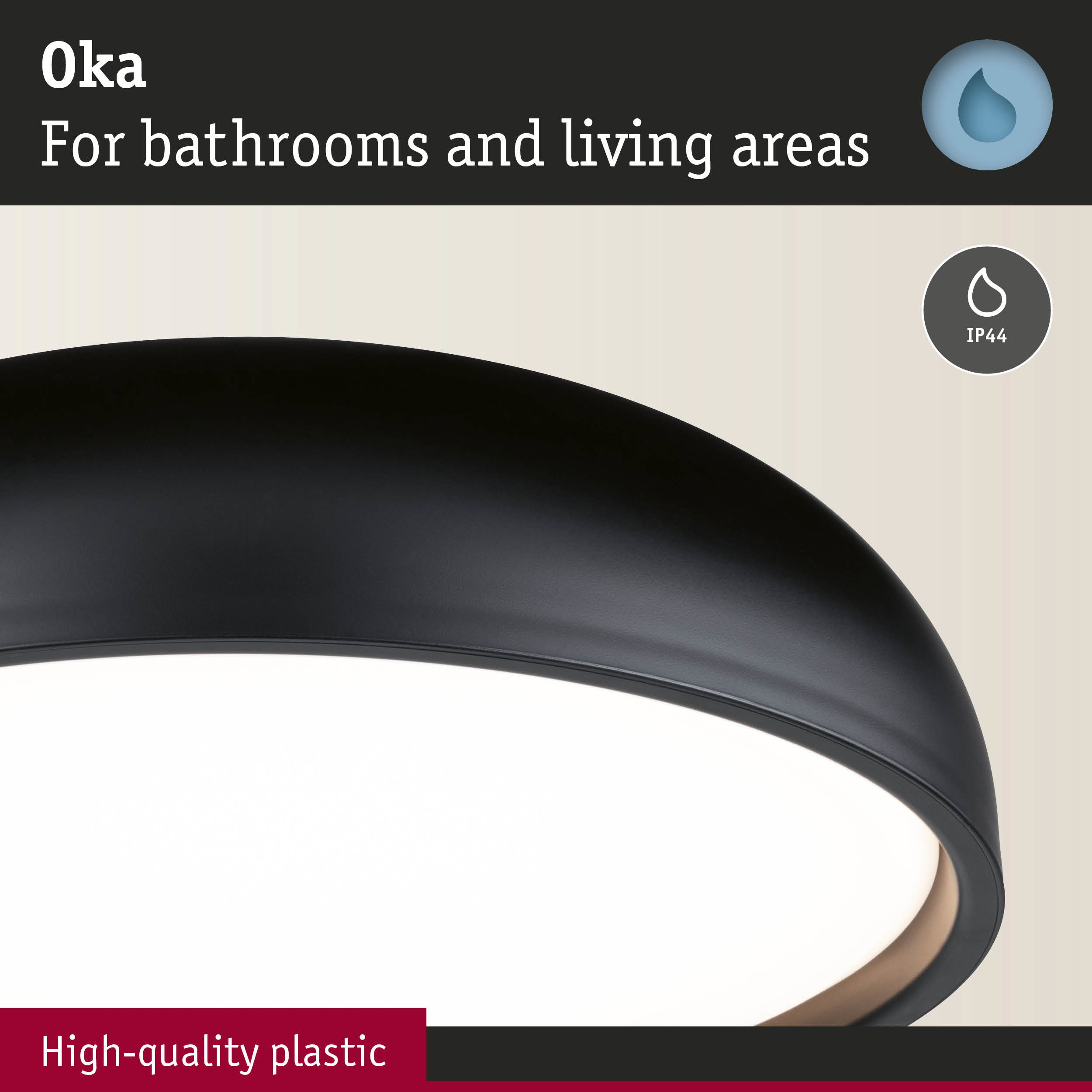 Black ceiling light made of high-quality plastic for bathrooms and living areas with IP44 protection