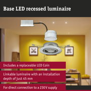 White LED recessed luminaire with replaceable LED coin and 45 mm installation depth for 230V connection