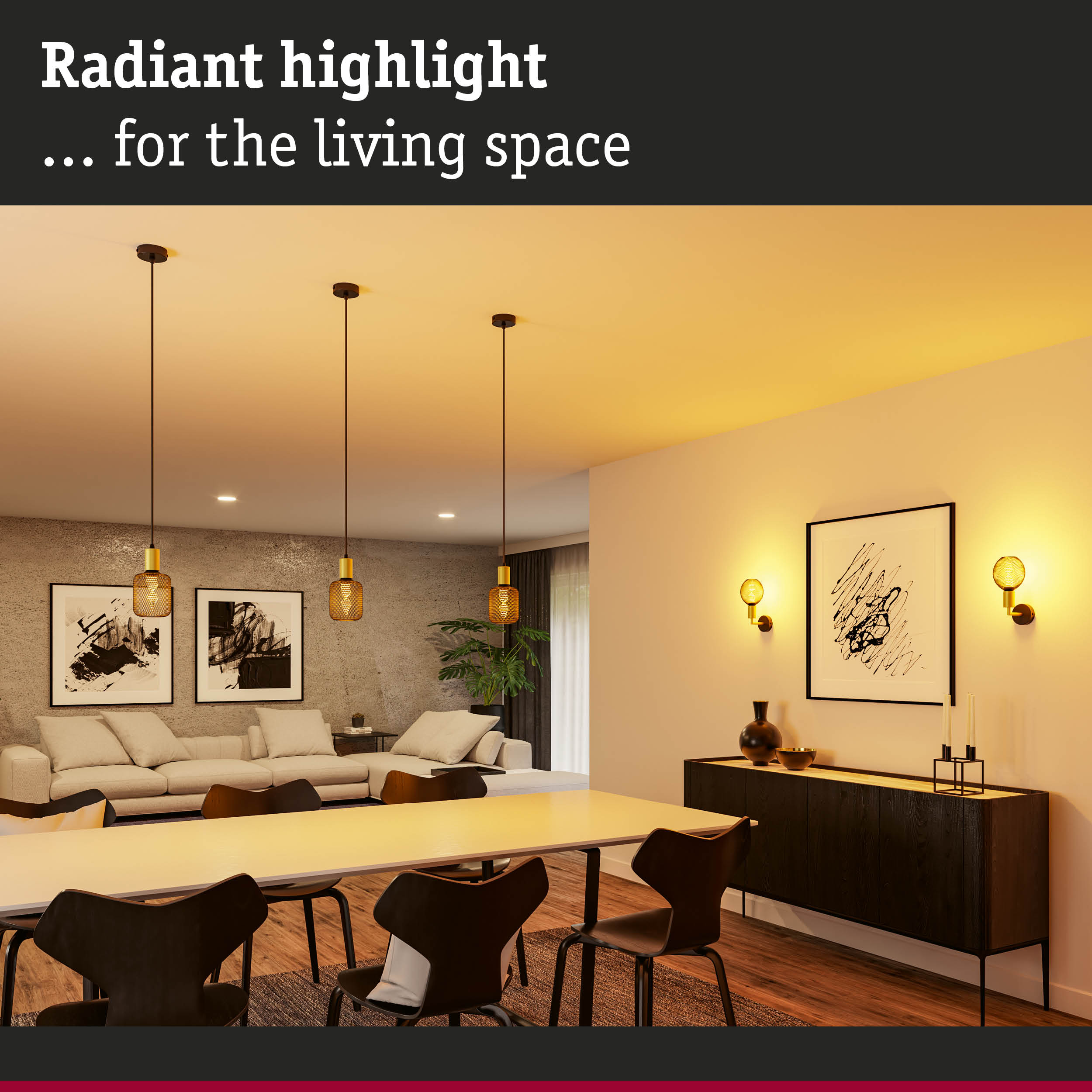 Modern living room lighting with gold metal pendant lamps and wall sconces for stylish home decor