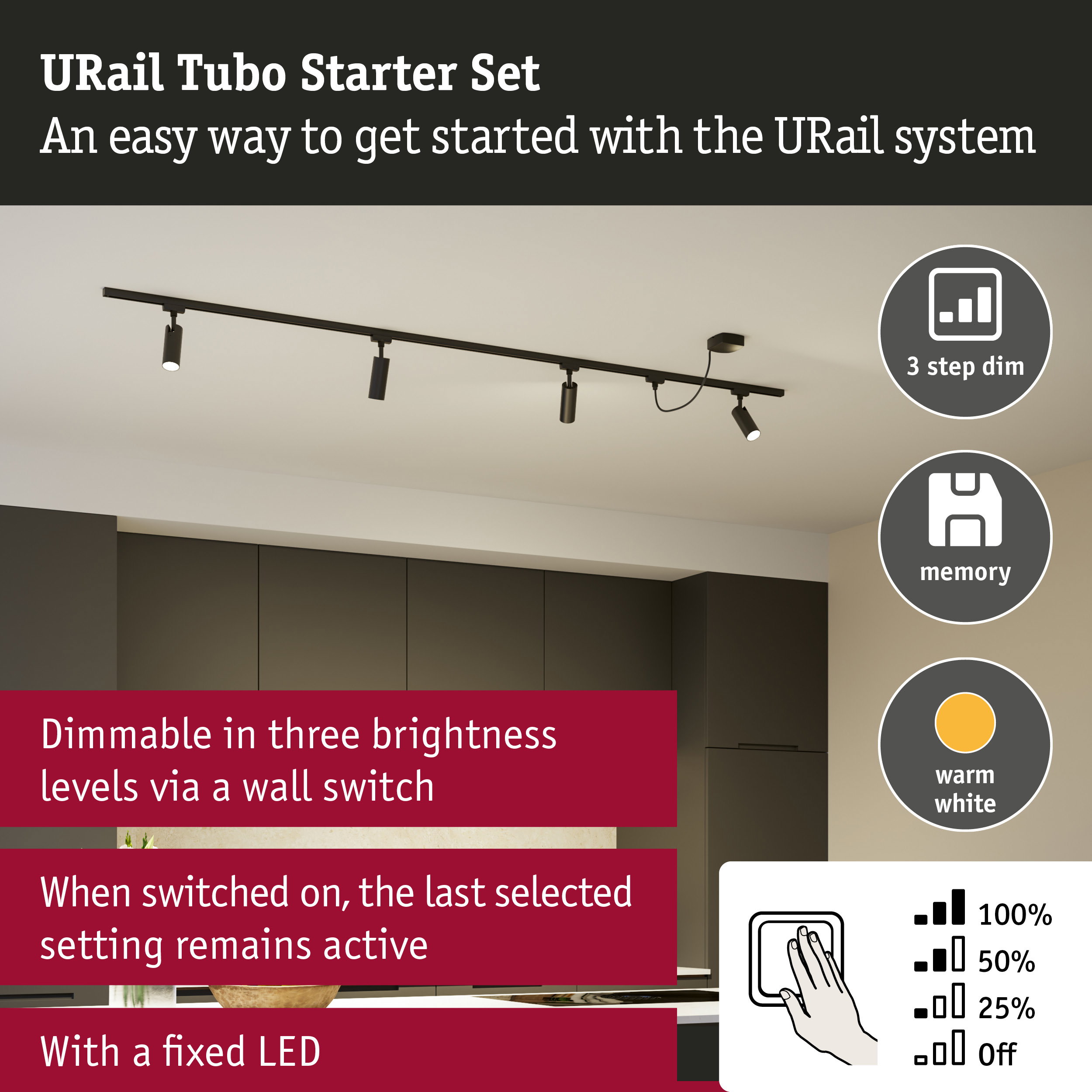 URail Rail spot Tubo Starter set 4x250lm 4x4,5W 3000K 230V Black matt