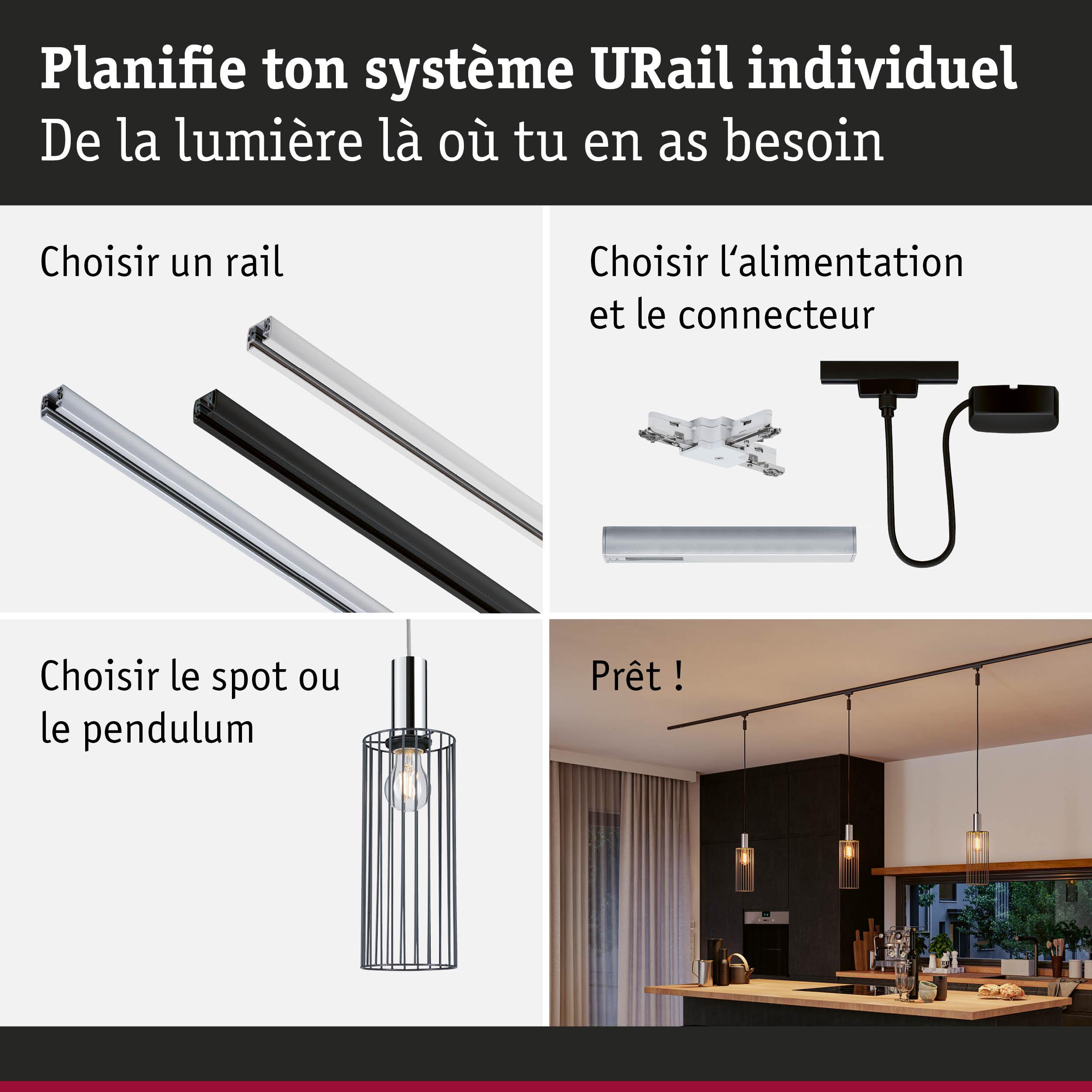 Système modulaire URail avec rails en aluminium noir, blanc et chrome pour éclairage flexible.