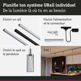 Système modulaire URail avec rails en aluminium noir, blanc et chrome pour éclairage flexible.