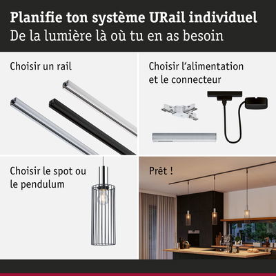 Système modulaire URail avec rails en aluminium noir, blanc et chrome pour éclairage flexible.