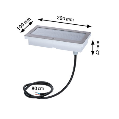 Rechteckiger Einbaustrahler aus Edelstahl mit 200x100 mm Abmessungen und 80 cm Kabel für Innenbeleuchtung