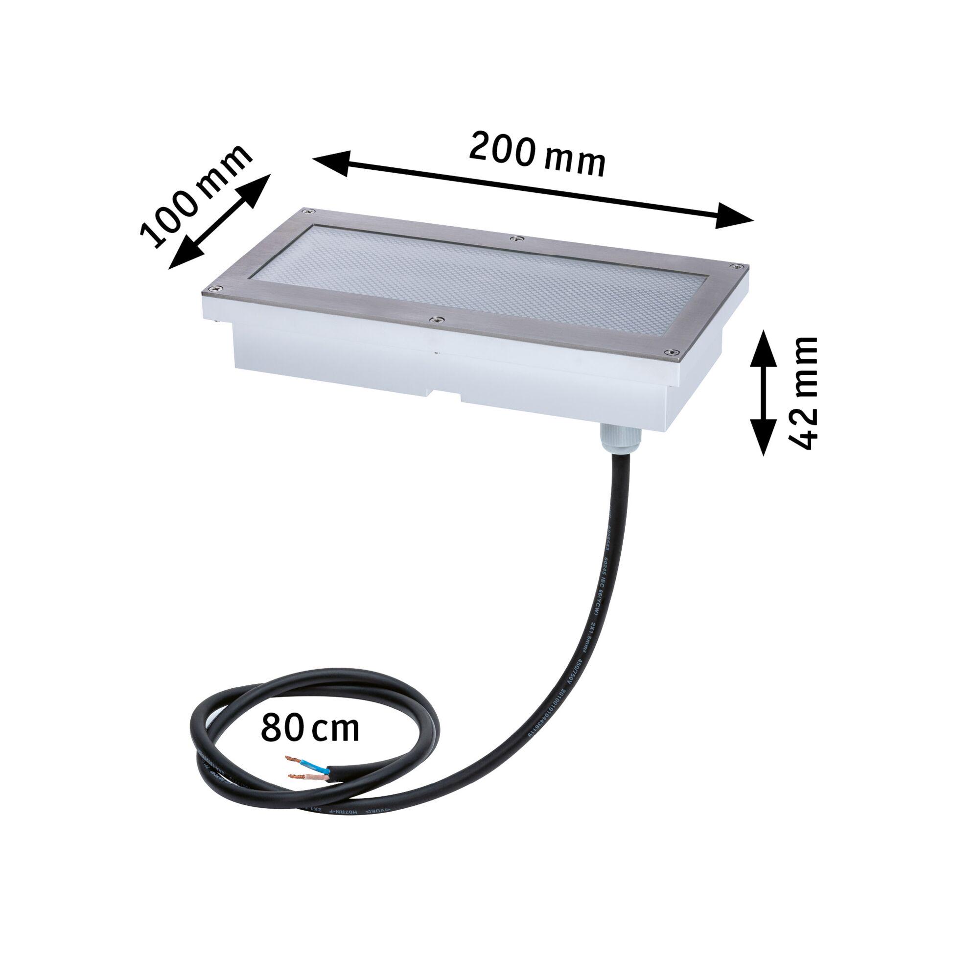 Rectangular stainless steel LED recessed light in silver with 80 cm cable, dimensions 200x100x42 mm