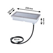 Rectangular stainless steel LED recessed light in silver with 80 cm cable, dimensions 200x100x42 mm