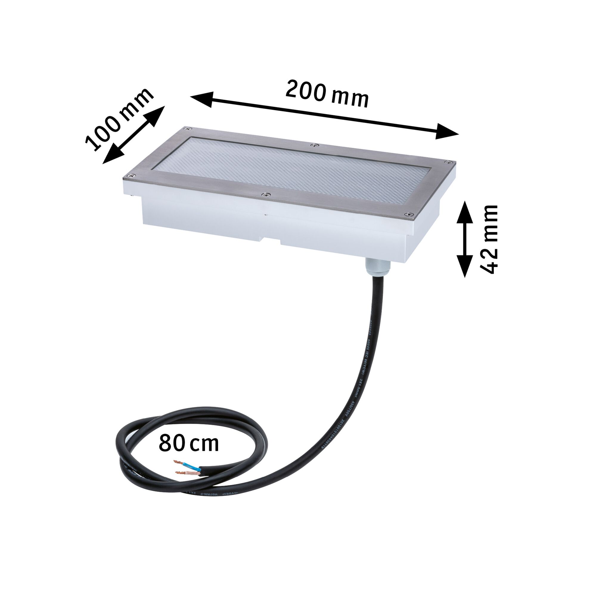 Rechthoekige LED inbouwlamp van roestvrij staal in zilver met 80 cm kabel, afmetingen 200x100x42 mm
