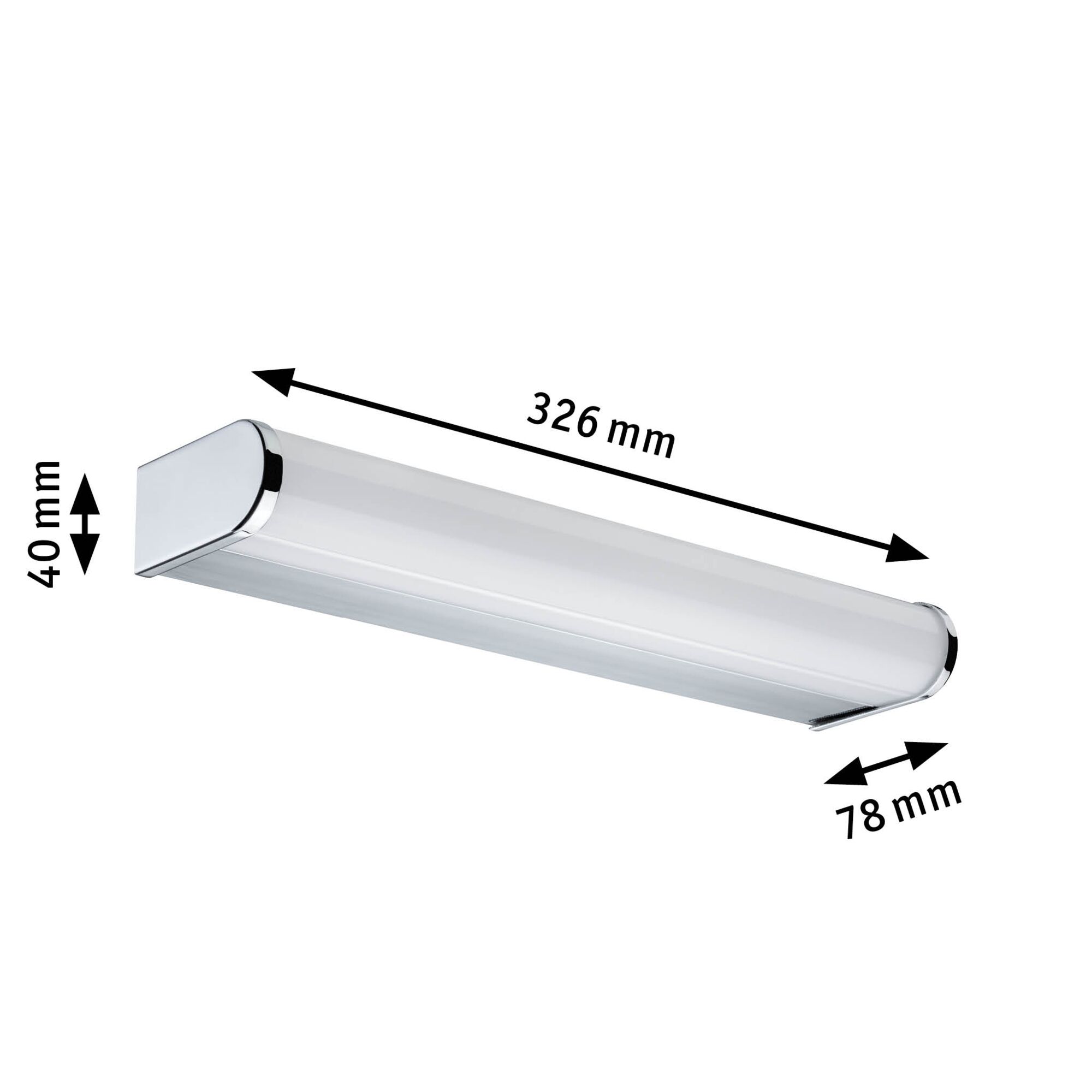 Witte LED-wandlamp van kunststof met chroomaccenten, afmetingen 326x40x78 mm, moderne binnenverlichting.