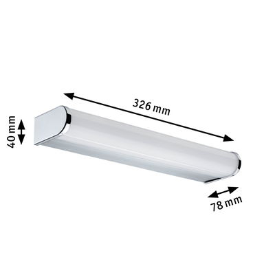 White LED wall light in plastic with chrome accents, dimensions 326x40x78 mm, modern indoor lighting fixture.