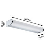 White LED wall light in plastic with chrome accents, dimensions 326x40x78 mm, modern indoor lighting fixture.