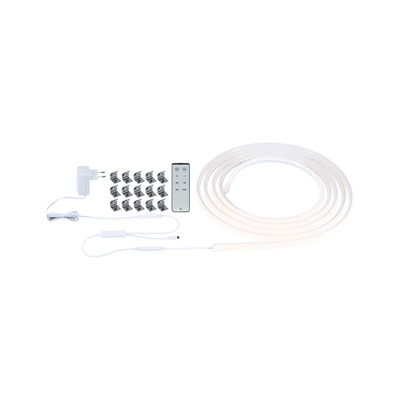 Flexible white LED strip light with remote, clips, and power adapter for home lighting solutions