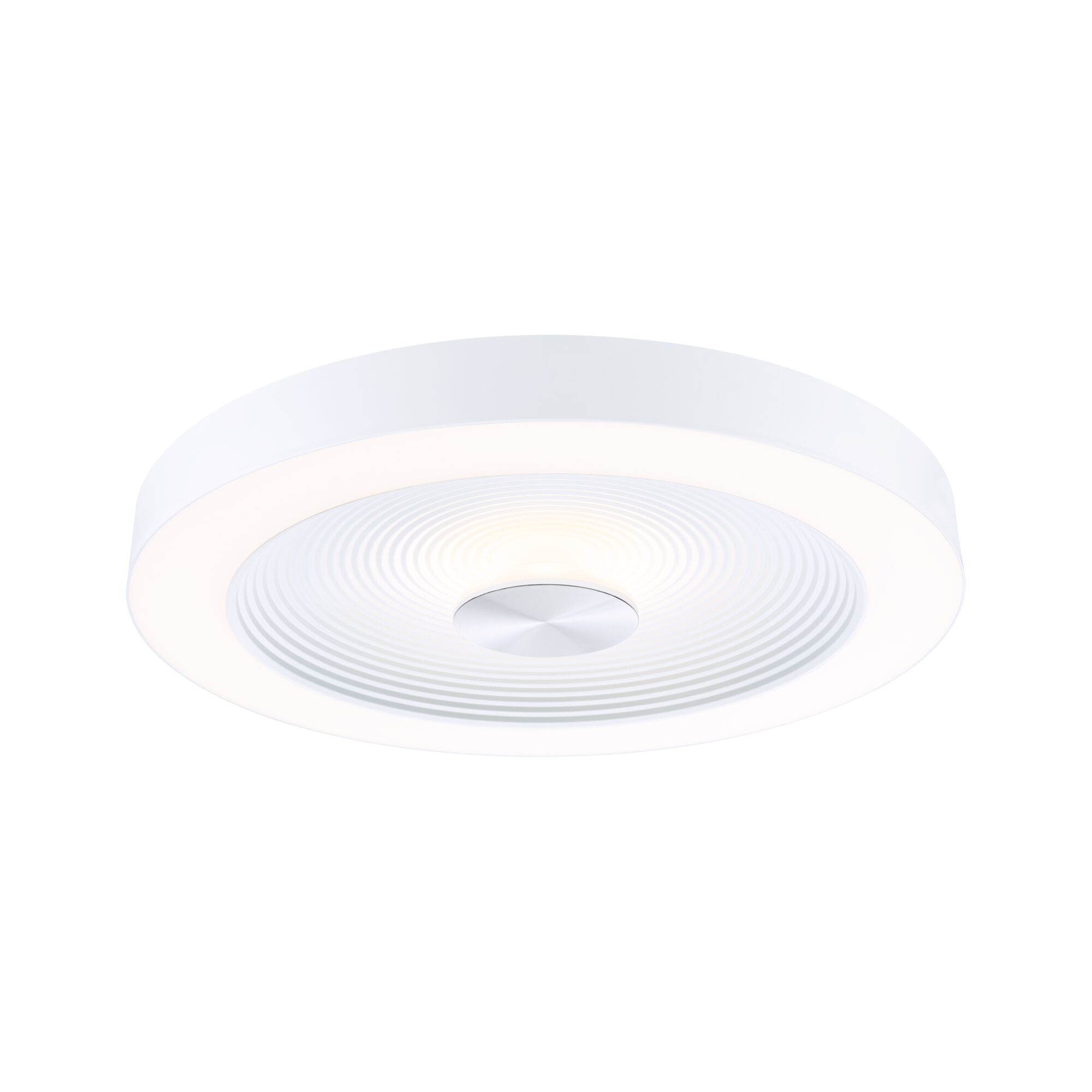 Plafonnier LED Volea IP44 3000K 1300lm / 0lm 230V 4W / 18,5W gradable Blanc/Argent Plafonnier LED rond blanc avec diffuseur texturé et centre en aluminium pour éclairage moderne