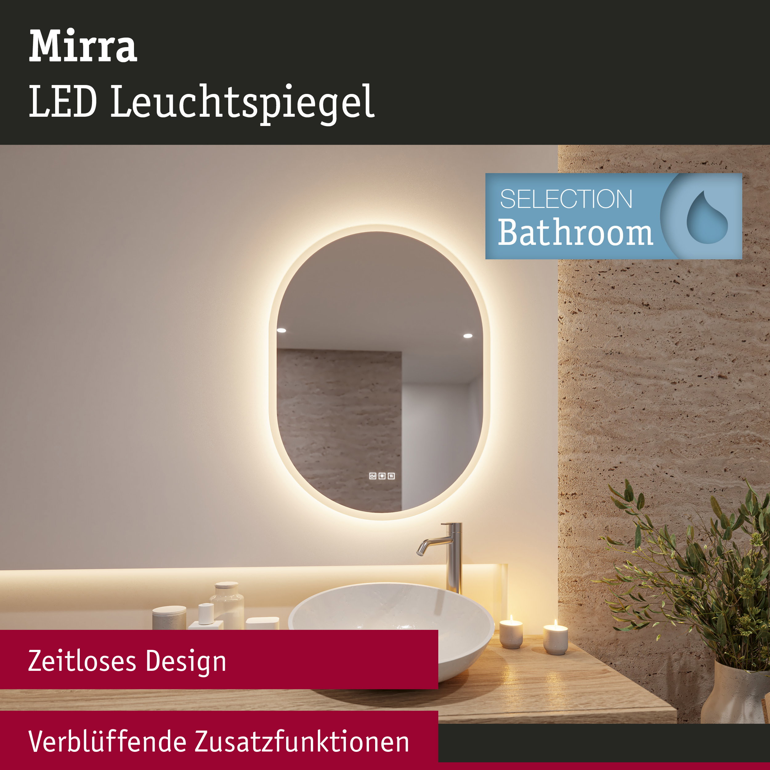 Moderner Mirra LED Leuchtspiegel mit warmweißem Licht und zeitlosem Design für Badezimmer.