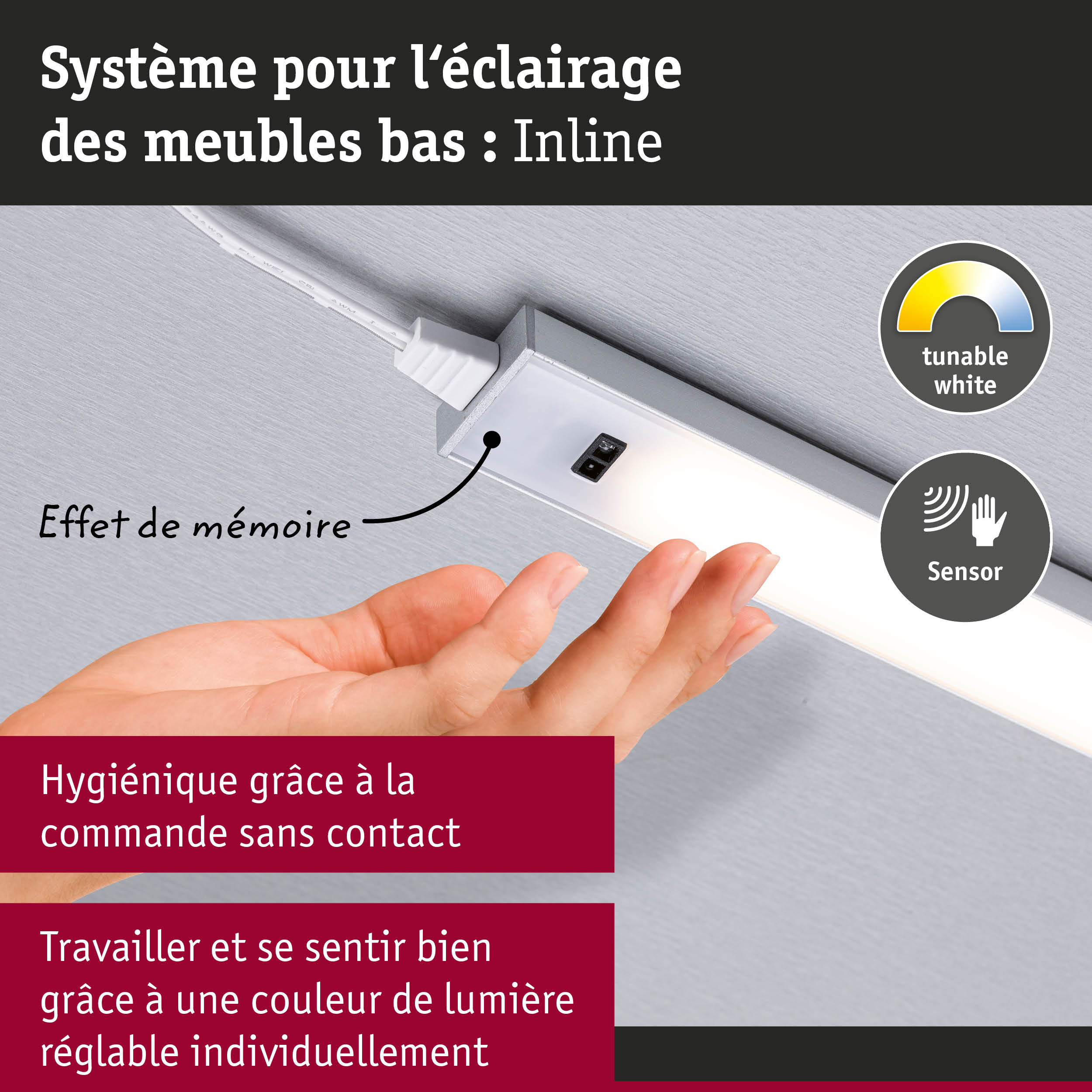 Éclairage LED sous meuble en aluminium avec capteur et blanc réglable pour lumière personnalisée